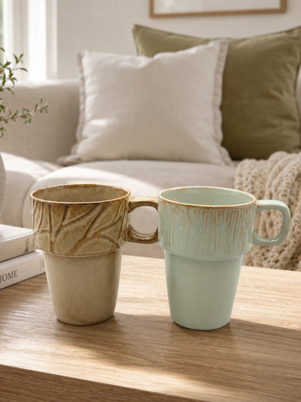 Set of 2 Mar-Cali Stackable Ceramic Coffee Mugs Brown & Aqua Textured